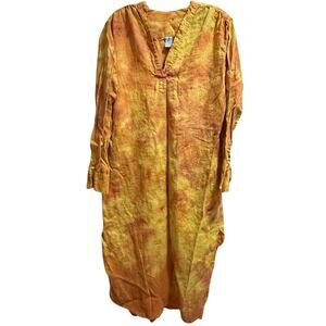 Felix 100% Linen Orange Tie Dye Tunic Dress - Long Sleeve - Large